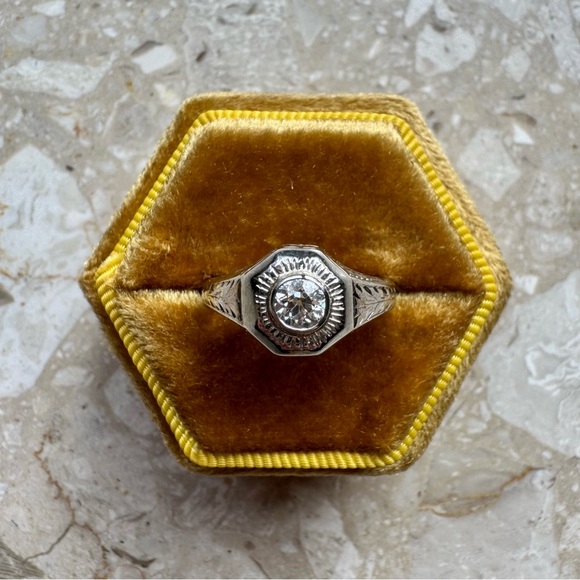 Antique Filigree Old Euro Diamond 14k White Gold Wheat Ring - Picture 11 of 13